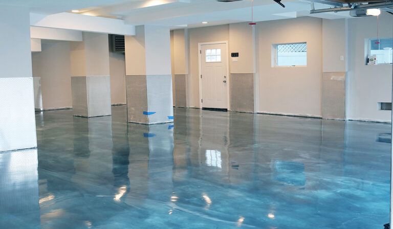 a blue color polished floor after coating.