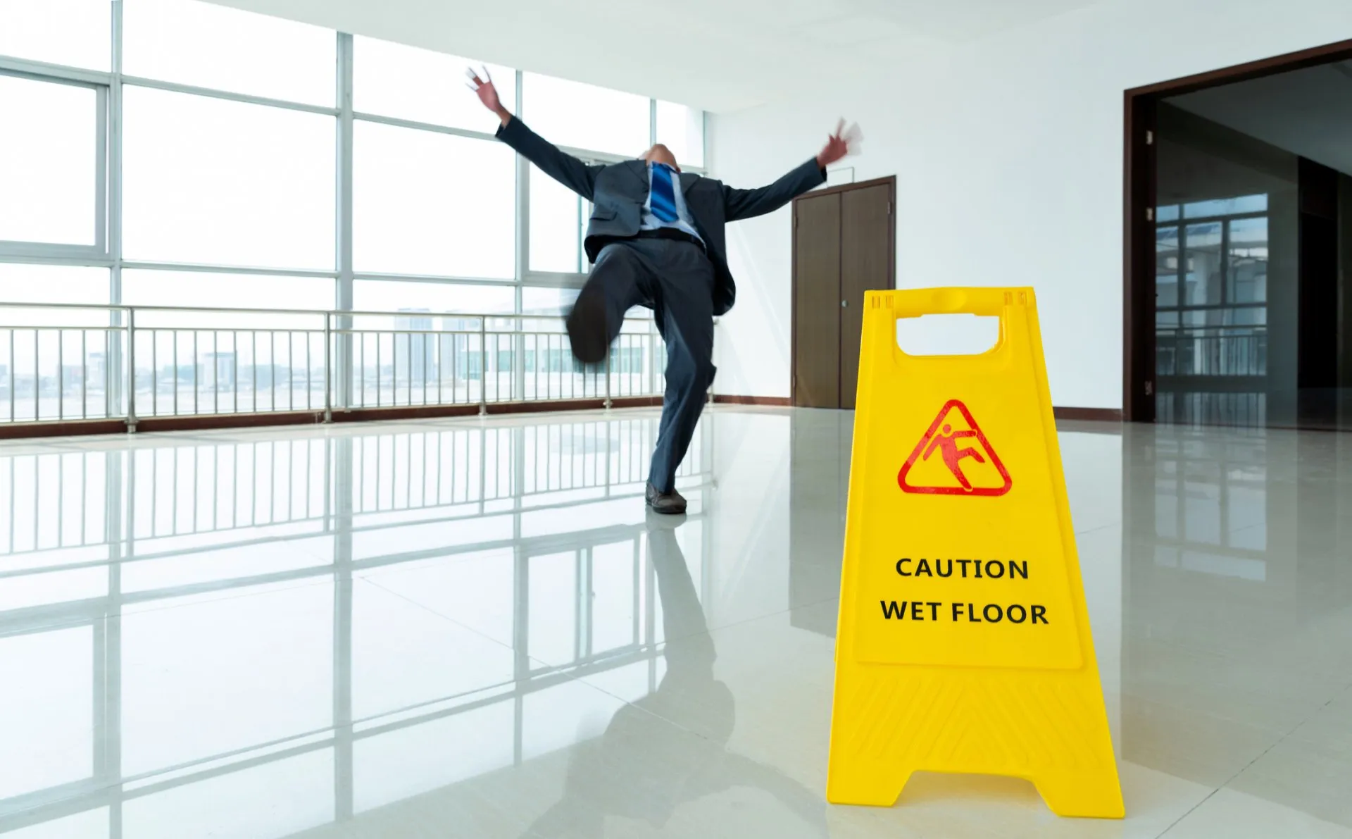 photo taken of the wet floor sign board and a person slipped and falling in the background.
