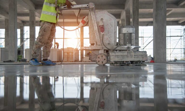 a person grinding and polishing concrete floor with grinding machine.