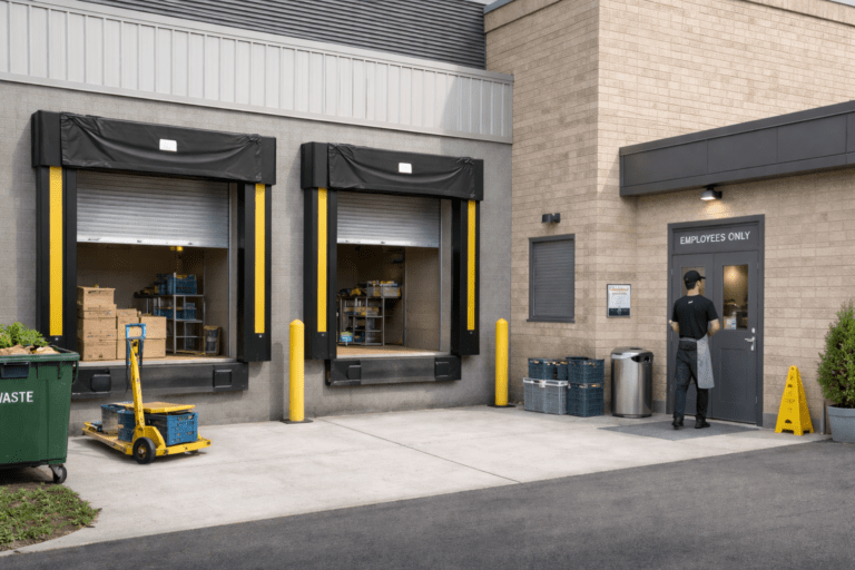 Back of restaurant showing loading docks, delivery area, and employee entrance in a clean commercial foodservice facility