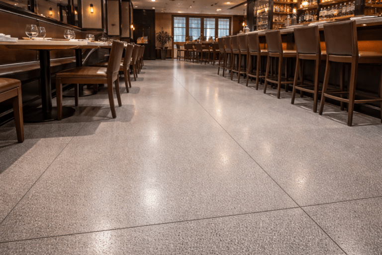 Clean and sparkling restaurant floor with slip-resistant finish in a professional hospitality dining area