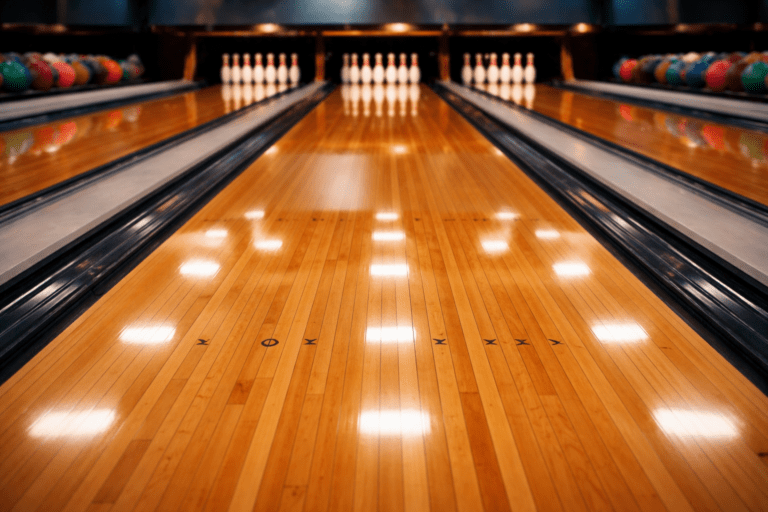 Highly polished wooden bowling alley lanes reflecting overhead lights, with glossy waxed hardwood boards leading toward a full set of white pins at the end of each lane and colorful bowling balls visible along the sides.
